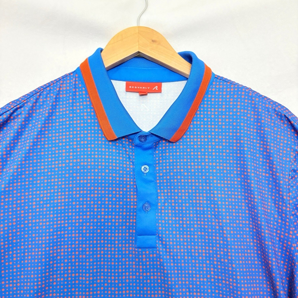 Redvanly Golf Polo Shirt Mens XL Blue‎ Orange Dots Abstract Performance Stretch